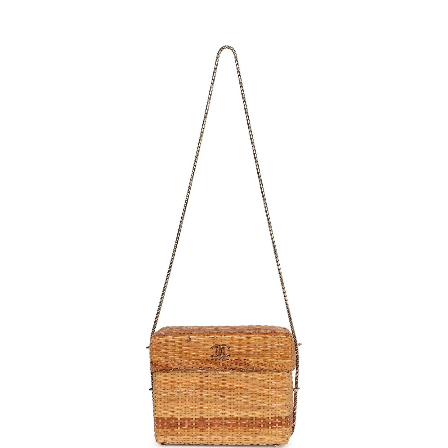 Vintage Chanel Small Picnic Basket Bag Natural Wicker Gold Hardware