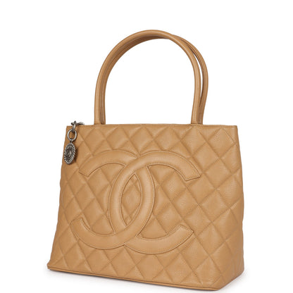 Vintage Chanel Medallion Tote Bag Beige Caviar Silver Hardware