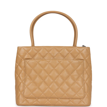 Vintage Chanel Medallion Tote Bag Beige Caviar Silver Hardware