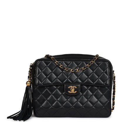 Vintage Chanel Front Pocket Camera Bag Black Lambskin Gold Hardware