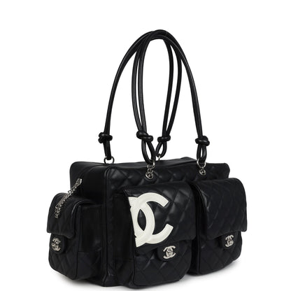 Chanel Vintage Large Cambon Ligne Reporter Bag Black and White Lambskin Silver Hardware