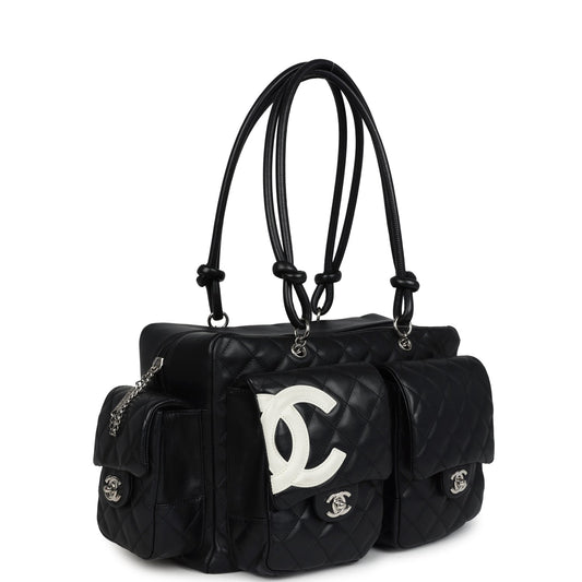 Chanel Vintage Large Cambon Ligne Reporter Bag Black and White Lambskin Silver Hardware