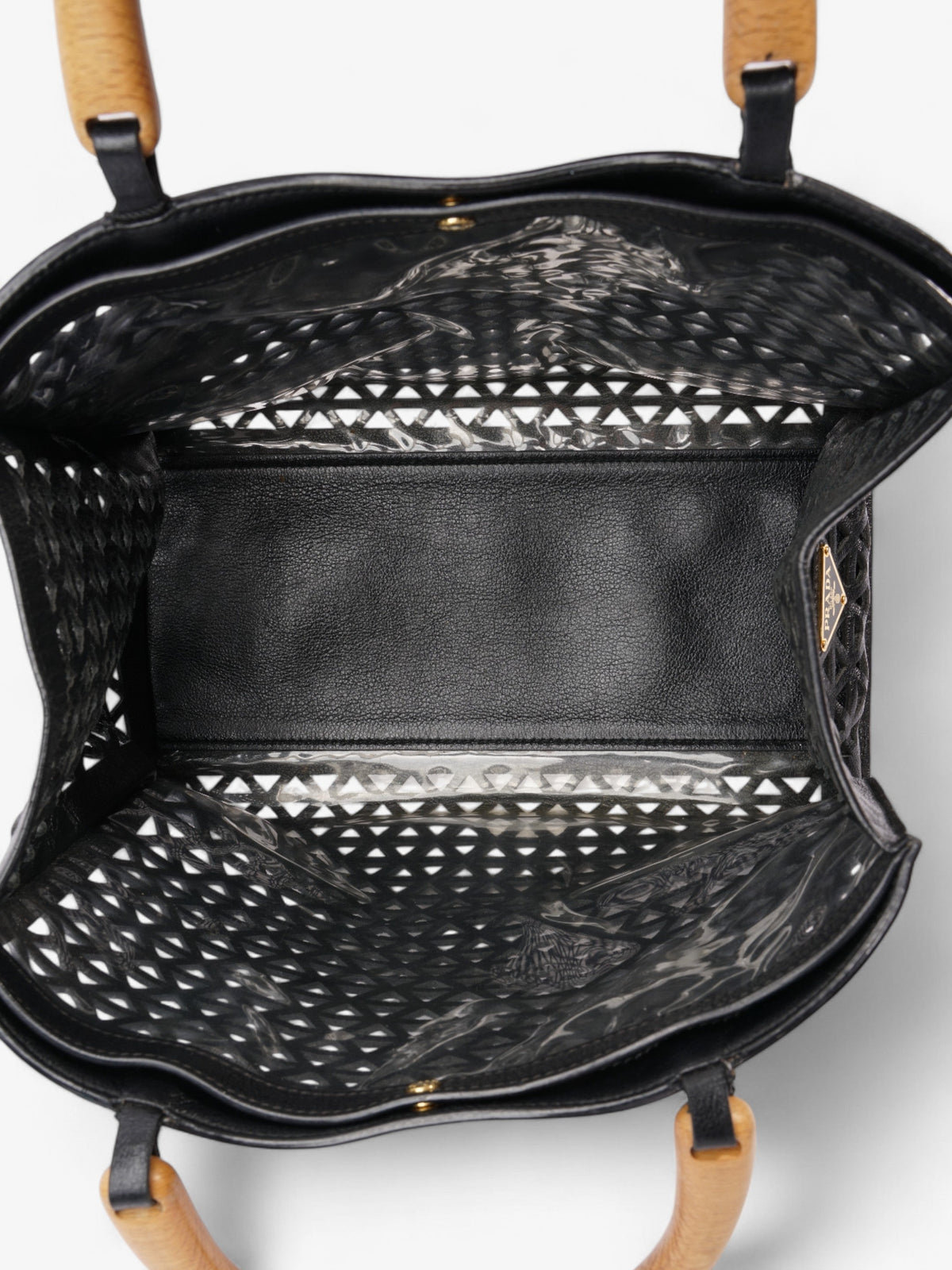 Prada Leather Cut Out Shopper with Wooden Handles in Black Black Leather