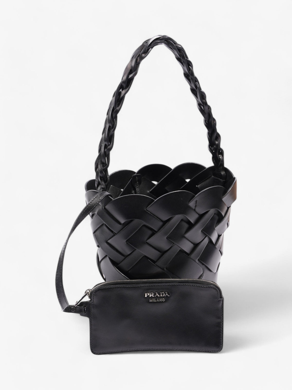 Prada Woven Bucket Bag Black Leather