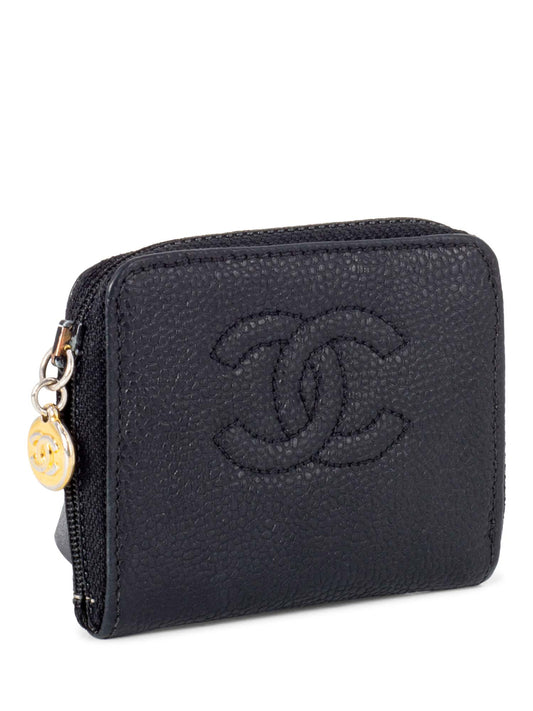 Chanel CC Logo Caviar Zippered Card Wallet Black