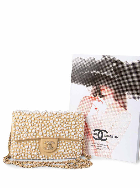 Chanel CC Logo Pearl Mini Flap Messenger Bag Gold
