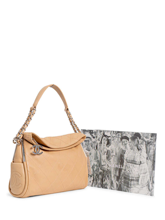 Chanel CC Logo Quilted Soft Leather Hobo Bag Beige