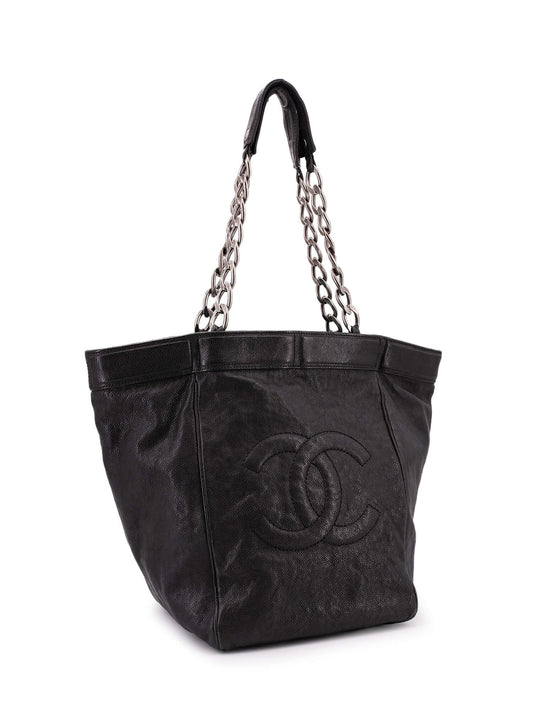 Chanel Caviar Leather Large CC Logo Shopper Bag Black