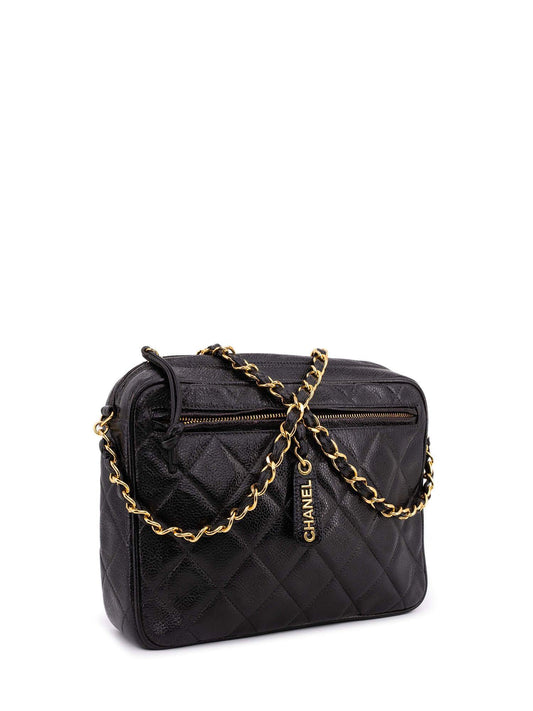 Chanel Caviar Quilted Leather CC Logo Messenger Bag Black