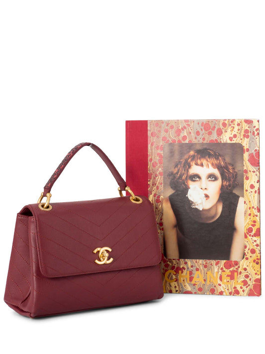 Chanel Chevron Caviar Leather Top Handle Flap Bag Burgundy