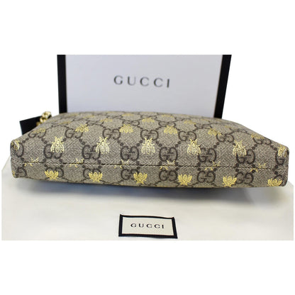 GUCCI Linea Bee GG Supreme Wristlet Handbag Beige/Gold