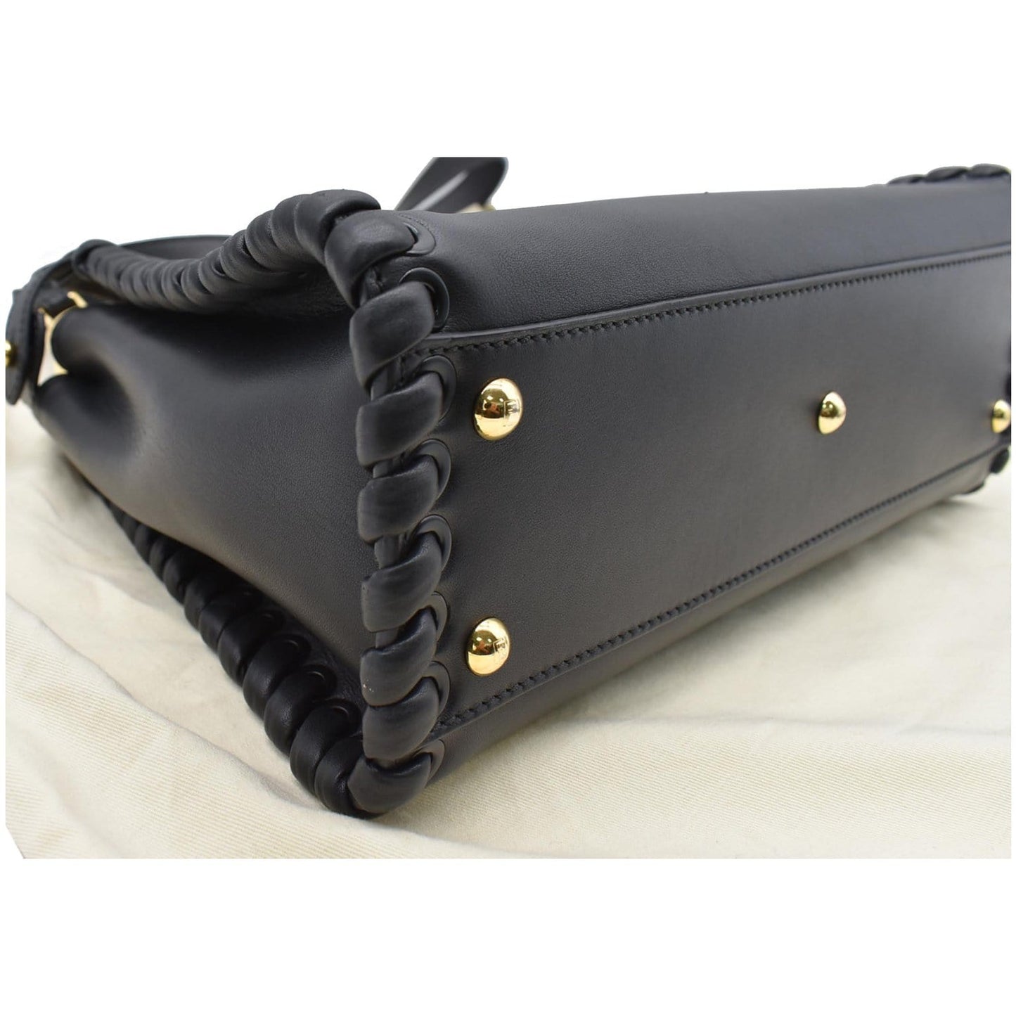 FENDI Peekaboo Medium Whipstitch Leather Satchel Shoulder Bag Black