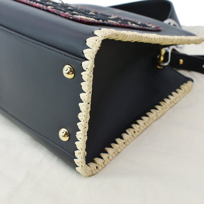 FENDI Raffia Embroidered Python Leather Shoulder Bag Black