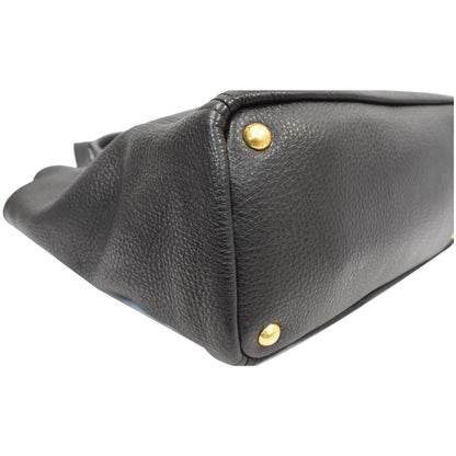 PRADA Vitello Daino Side-Pocket Leather Tote Shoulder Bag Black