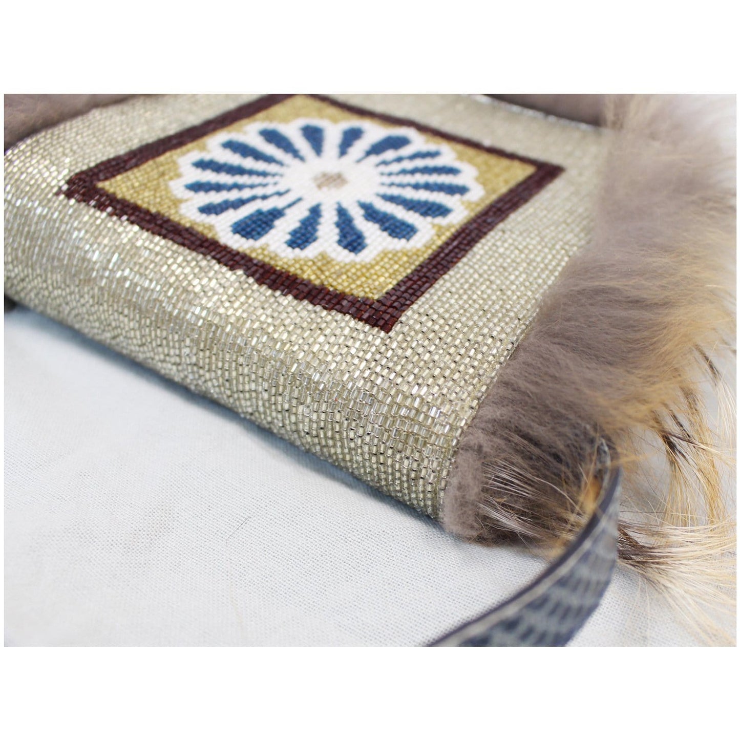 FENDI Daisy Beaded Snakeskin Fox Fur Trim Crossbody Clutch Bag Blue - Final Sale