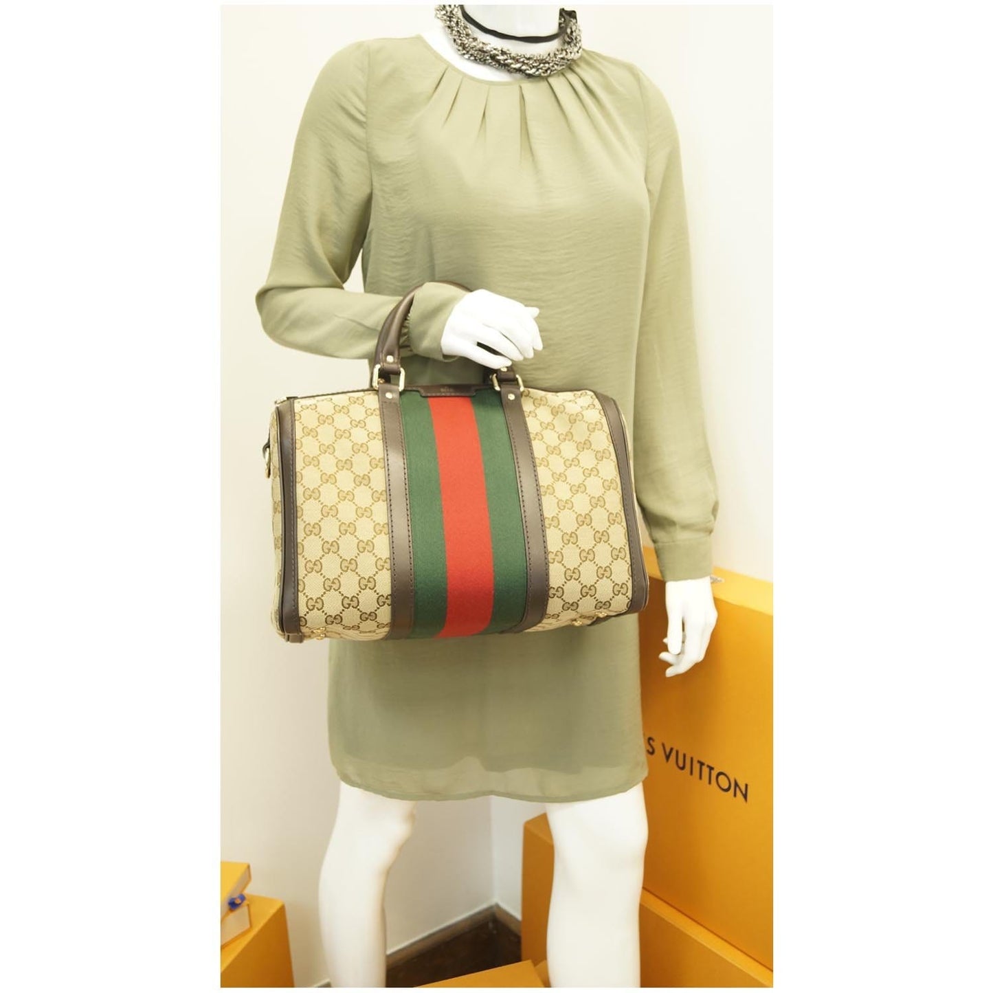GUCCI Vintage Web Original GG Boston Bag Beige 247205