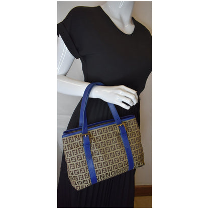 FENDI Zucchino Print Canvas Leather Tote Bag Blue/Brown
