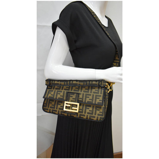 FENDI Mini Baguette Zucca Canvas Shoulder Bag Brown