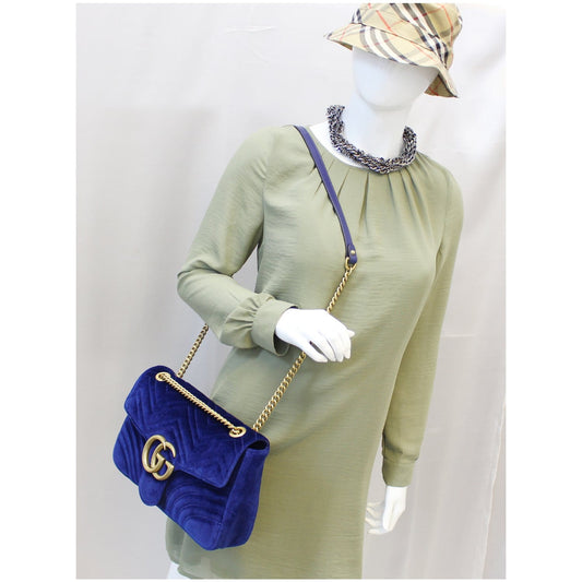 GUCCI GG Marmont Velvet Medium Shoulder Bag Blue 443496