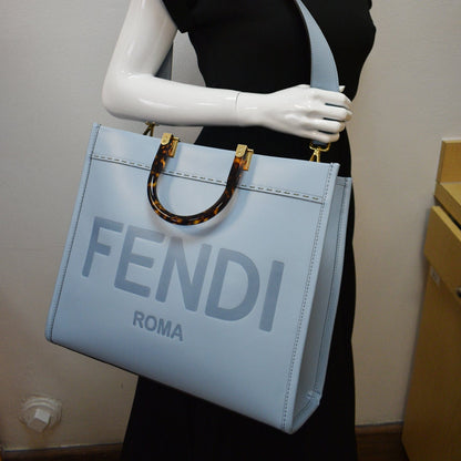 FENDI Sunshine Plexiglass Medium Leather Shopper Tote Bag Blue