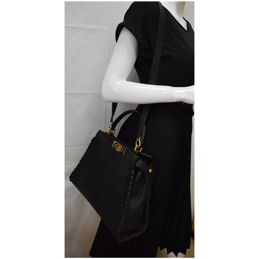 FENDI Peekaboo Medium Whipstitch Leather Satchel Shoulder Bag Black