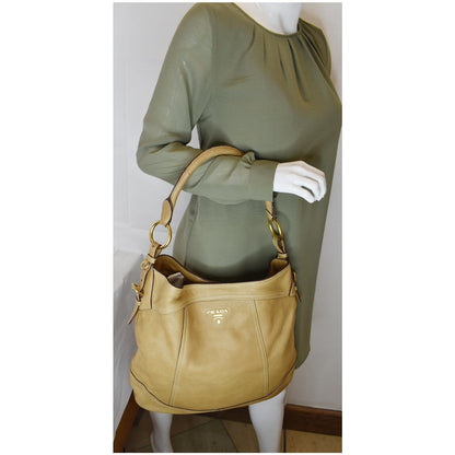 PRADA Vitello Daino Large Leather Hobo Shoulder Bag Beige