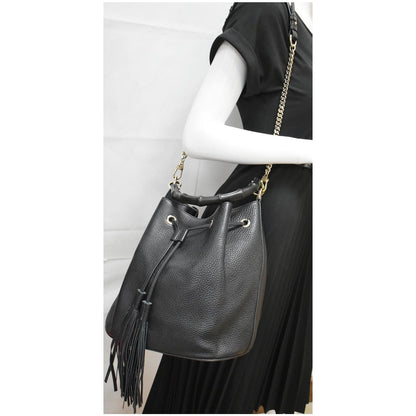 GUCCI Miss Bamboo Medium Leather Bucket Shoulder Handbag Black 387613