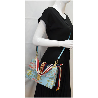 GUCCI Sylvie Medium Flora Fabric Canvas Top Handle Bag Light Blue 551150