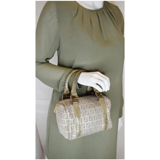 FENDI Selleria Zucca Canvas Leather Boston Bag Gold