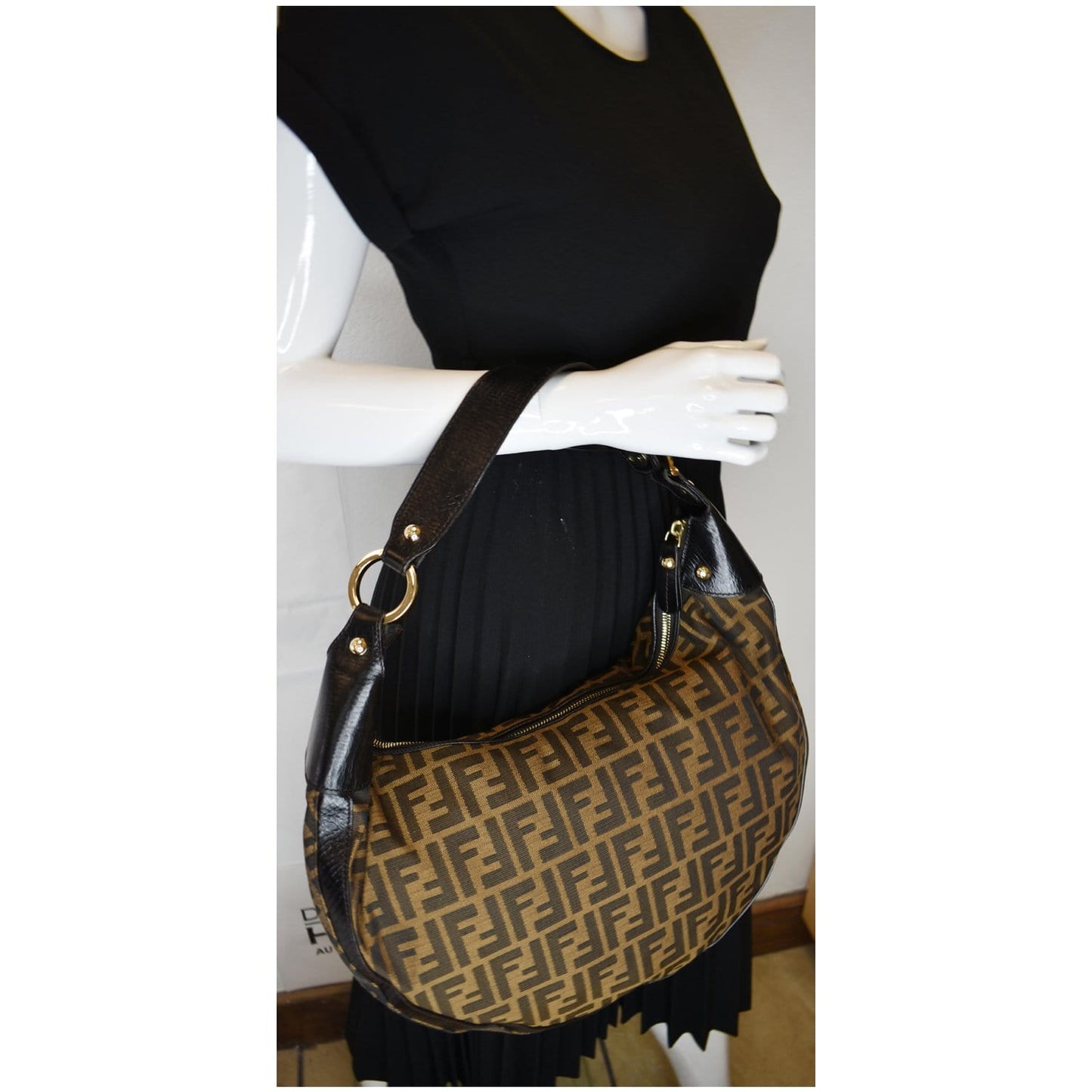 FENDI Half Moon Zucca Canvas Hobo Bag Brown