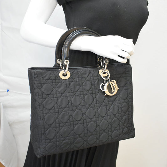 CHRISTIAN DIOR Lady Dior Vintage Nylon Cannage Canvas Tote Bag Black