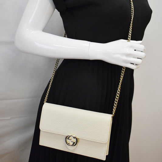 GUCCI GG Interlocking Pebbled Leather Crossbody Bag White 615523