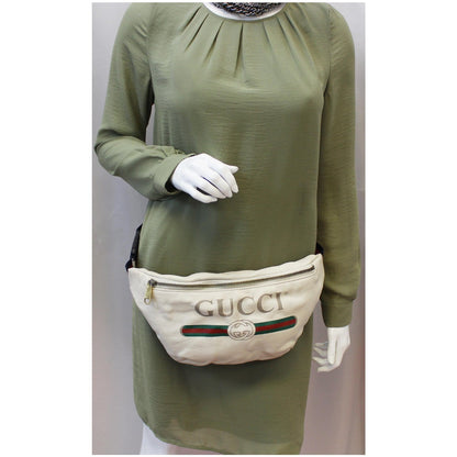GUCCI Print Leather Medium Belt Waist Bum Bag White 530412