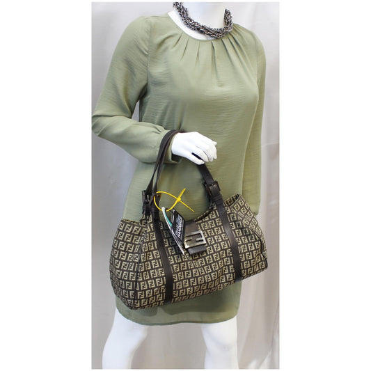 FENDI Zucchino Canvas Shoulder Bag Brown