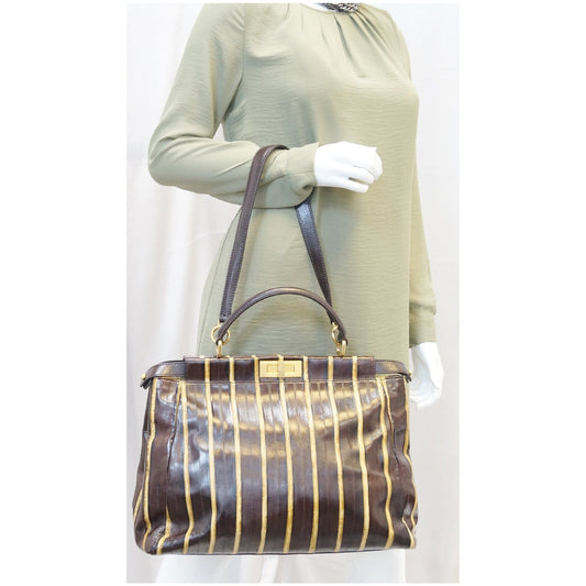 FENDI Peekaboo Striped Eel Skin Leather Shoulder Bag Brown
