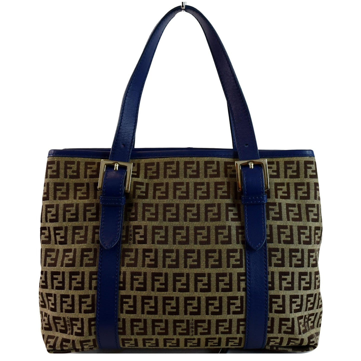 FENDI Zucchino Print Canvas Leather Tote Bag Blue/Brown