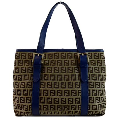 FENDI Zucchino Print Canvas Leather Tote Bag Blue/Brown