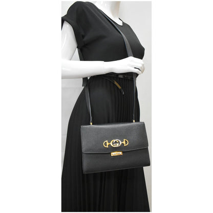 GUCCI Zumi Small Grainy Leather Chain Crossbody Bag Black 576388