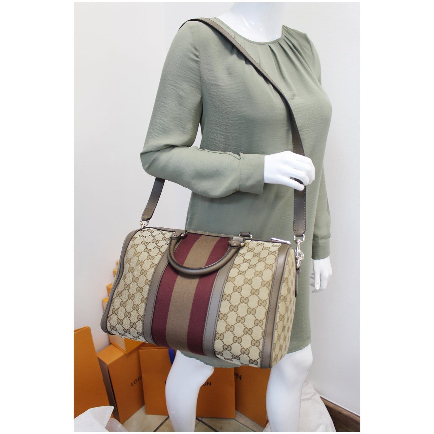 GUCCI Vintage Web Original GG Boston Bag Beige 247205
