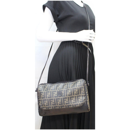FENDI Roma Coated Canvas Leather Crossbody Bag Brown