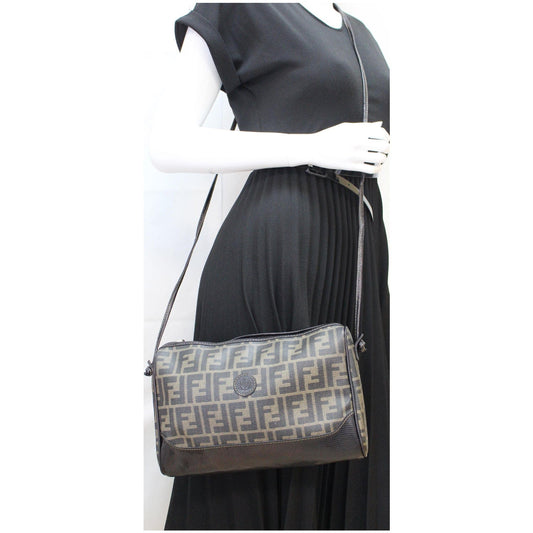 FENDI Roma Coated Canvas Leather Crossbody Bag Brown