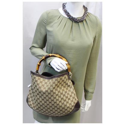 GUCCI GG Canvas Peggy Medium Bamboo Top Handle Bag Brown