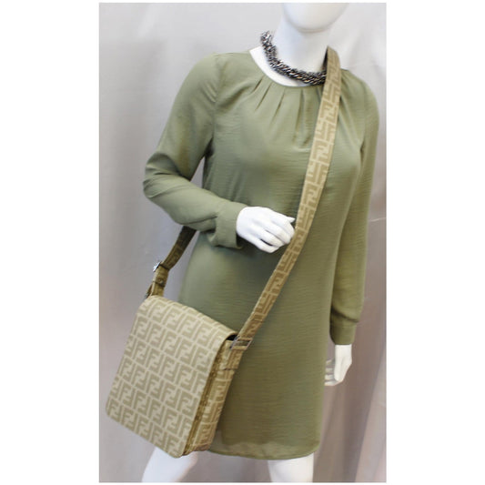 FENDI Zucca Flap Messenger Crossbody Bag Taupe