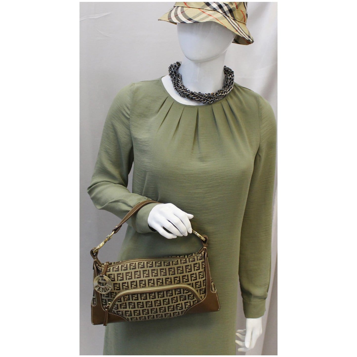 FENDI Zucca Small Canvas Shoulder Bag Beige