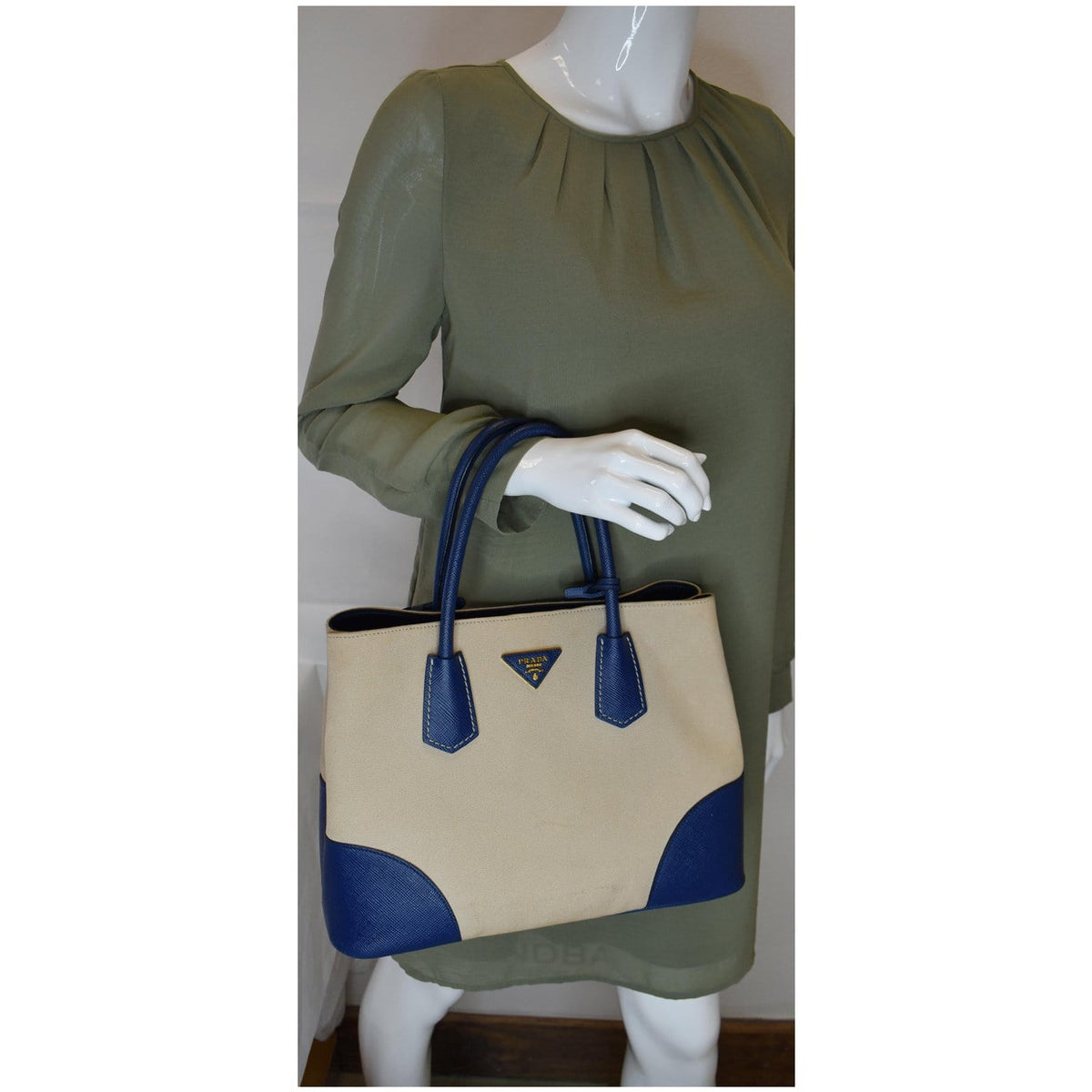 PRADA Galliera Two Tone Leather Tote Bag Blue/Tan