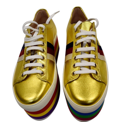 GUCCI Peggy Rainbow Metallic Nappa Silk Platform Sneakers Gold 474538 Size 36 - Final Sale