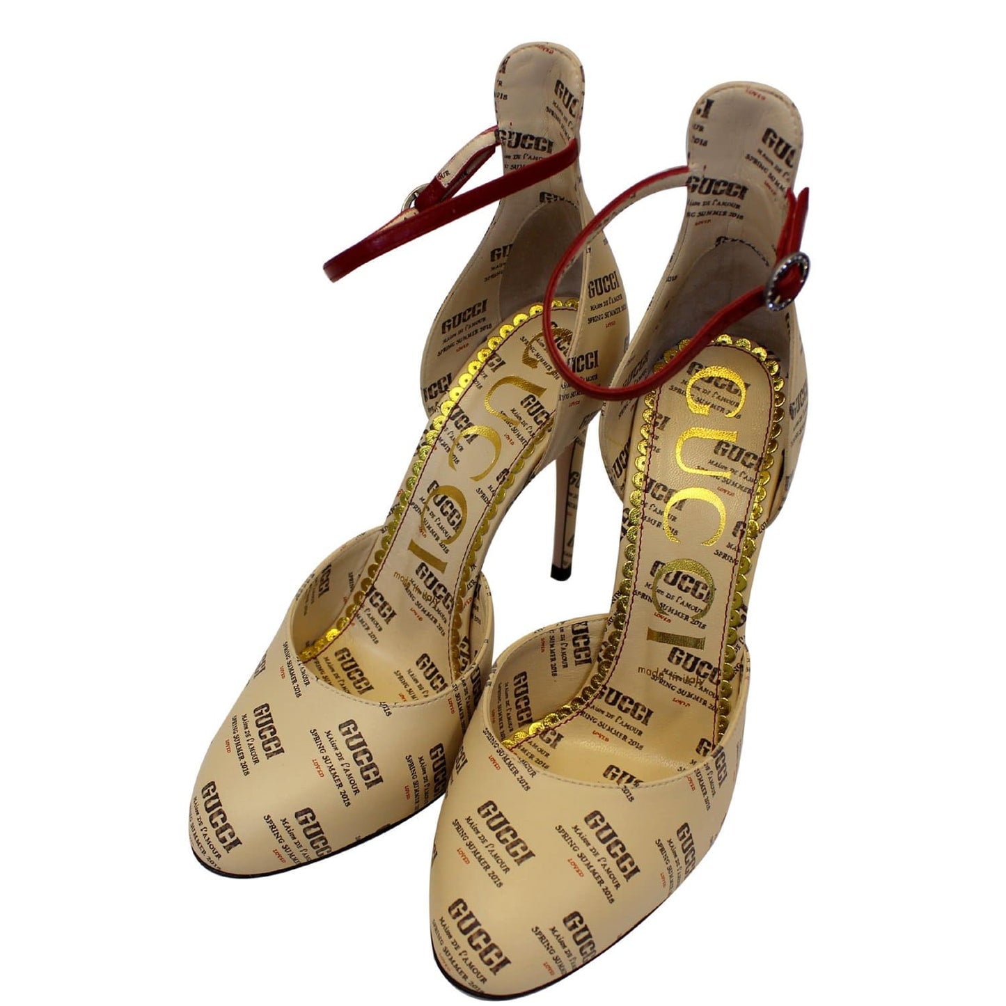 GUCCI Invite Stamp Print Apollo Pumps Beige Size 38