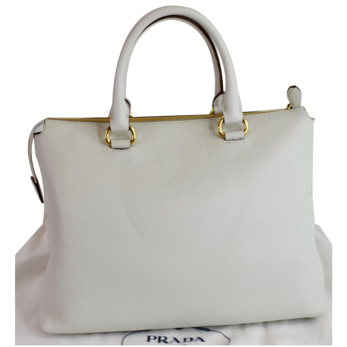 PRADA Vitello Daino Pebbled Leather Zip Tote Shoulder Bag White