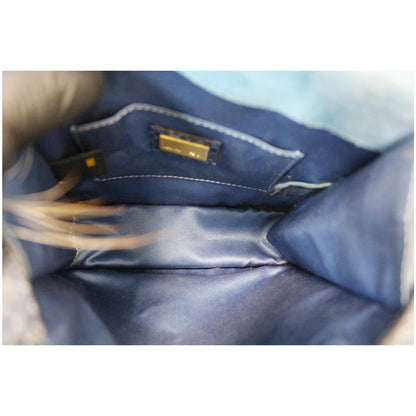 FENDI Daisy Beaded Snakeskin Fox Fur Trim Crossbody Clutch Bag Blue - Final Sale