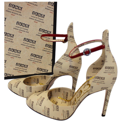 GUCCI Invite Stamp Print Apollo Pumps Beige Size 38